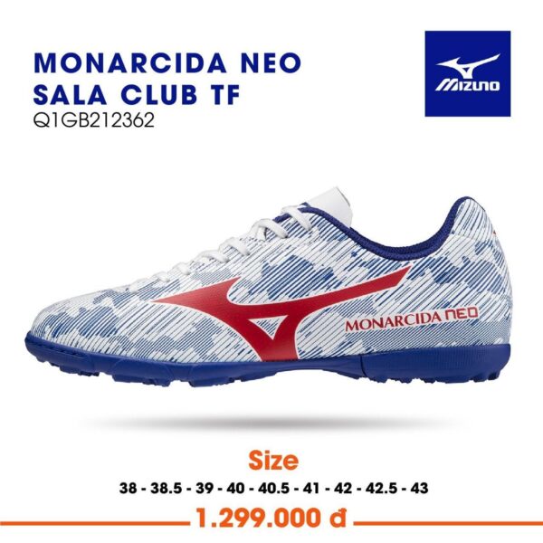 Giày đá bóng Mizuno Monarcida Neo Sala Club TF Trắng/Xanh/Đỏ